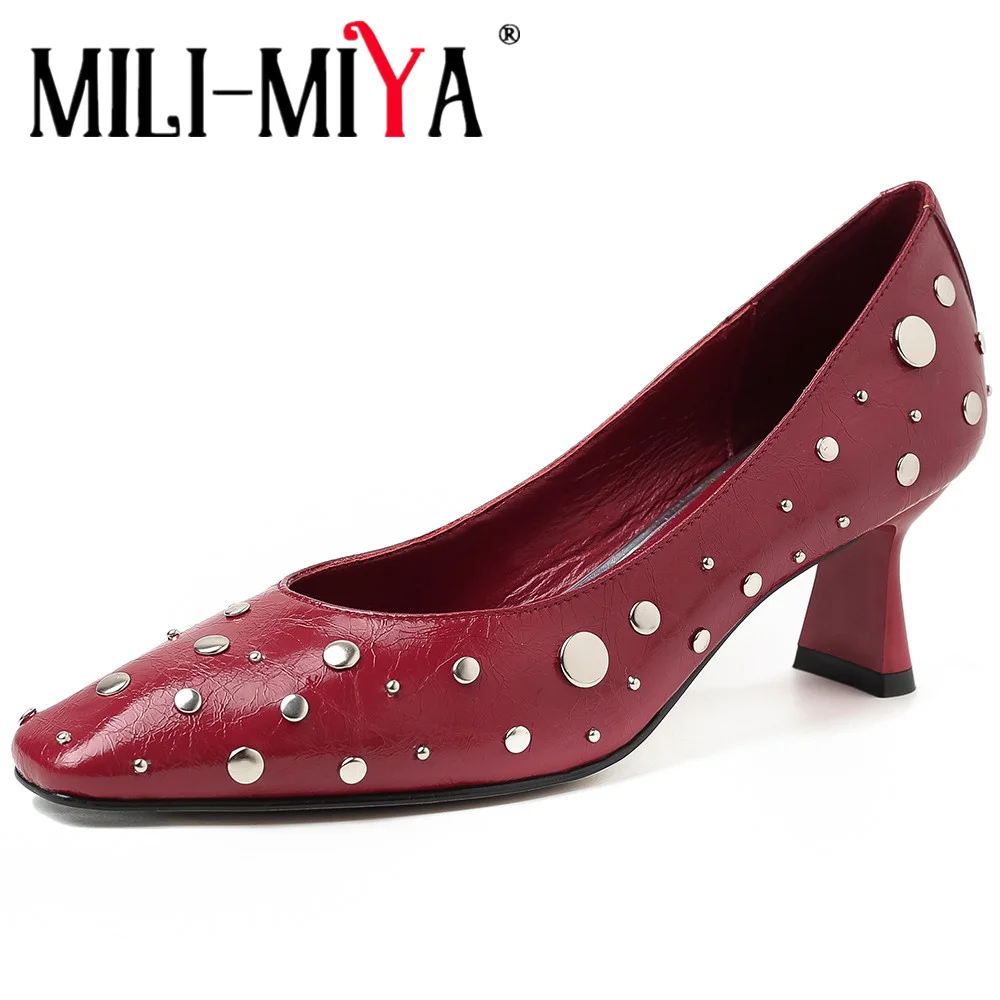 MILI-MIYA Fashion Metal Rivet Women Full Genuine Leather Pumps Solid Color Slip On Round Toe Big Size 34-40 Dress Party Shoes