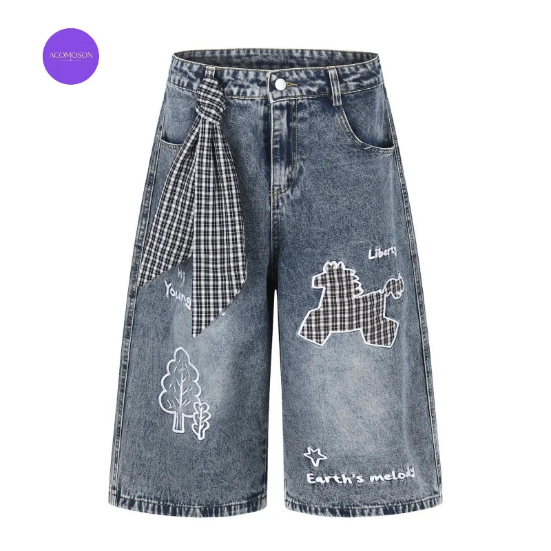ACOMOSON Retro Washed Plaid Denim Shorts With Embroidered Pony Patches And Fluttering Ribbons Unisex Summer Wide-Leg Shorts