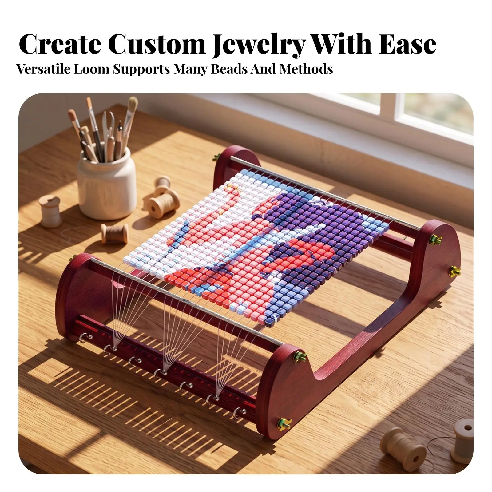 Sturdy Wood Bead Loom for Bracelet Making Machine with Cotton Thread and Tweezers for Jewelry Accessories and Craft Supplies