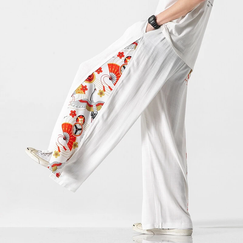 Wide Leg Pants Streetwear Men Spring Summer Printed Casual Harem Pants Mens Oversize Vintage Breathable Comfortable Men Trousers