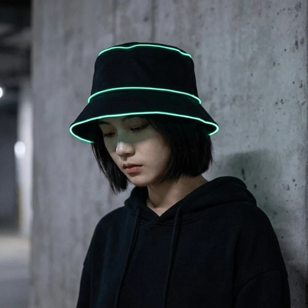 Fashion Battery Powered LED Bucket Hat Flashing Modes Solid Color Luminous Hat Korean Style Colorful Flashing Glow Hat Women