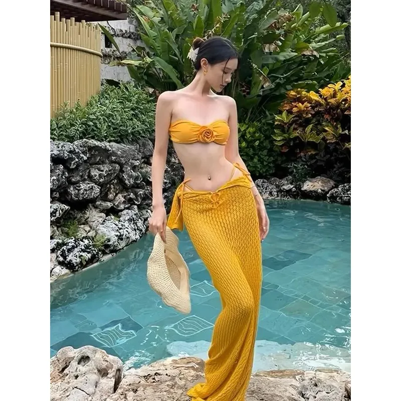 3D Rose Strapless Bikini Set Knit Wrap Maxi Skirt Sexy Swimsuit For Island Vacation