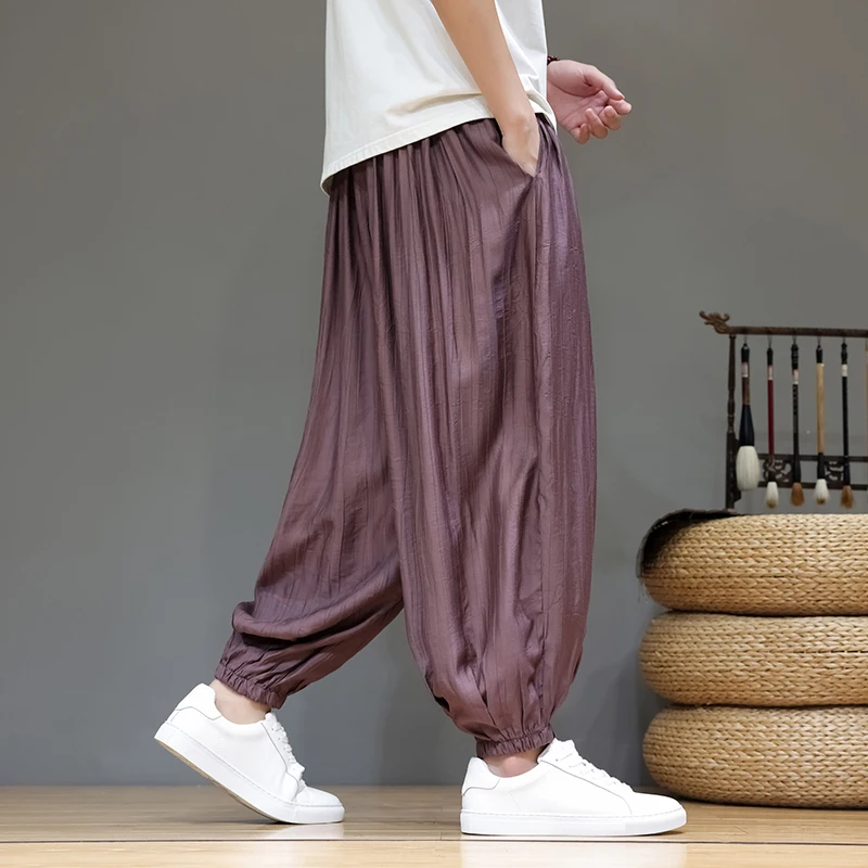 Men's Chinese Style Summer Ice Silk Lantern Pants Lightweight Breathable Wide Leg Loose Fit Casual Palazzo Trousers with Elastic