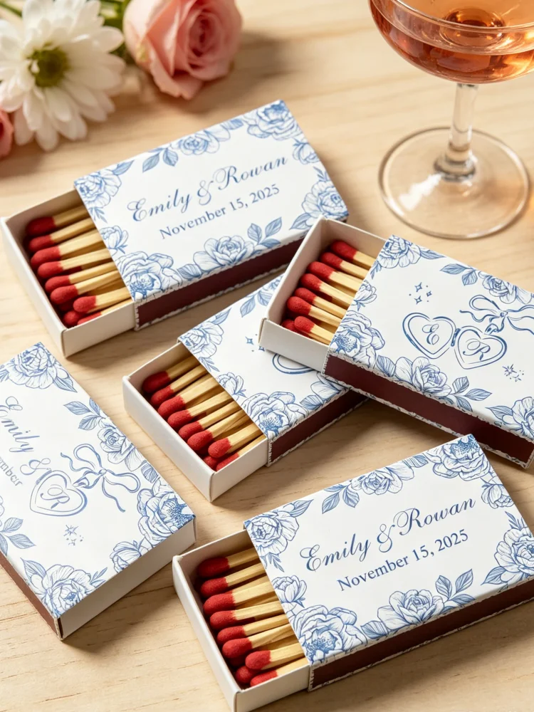 Custom Botanical Design Matchboxes, Blue Floral Wedding Favors, Exquisite Guest Gifts for Bridal Shower and Wedding Parties