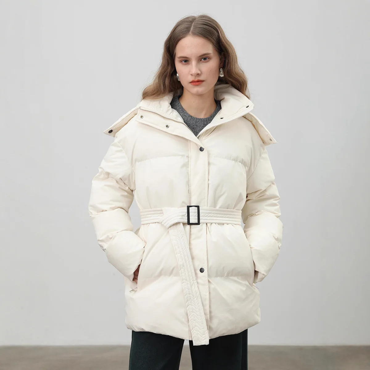 RealShot Women's Hooded Zipper Puffer Coat, Waist Belt Cinched Winter New Warm Cotton Jacket for European & American Market