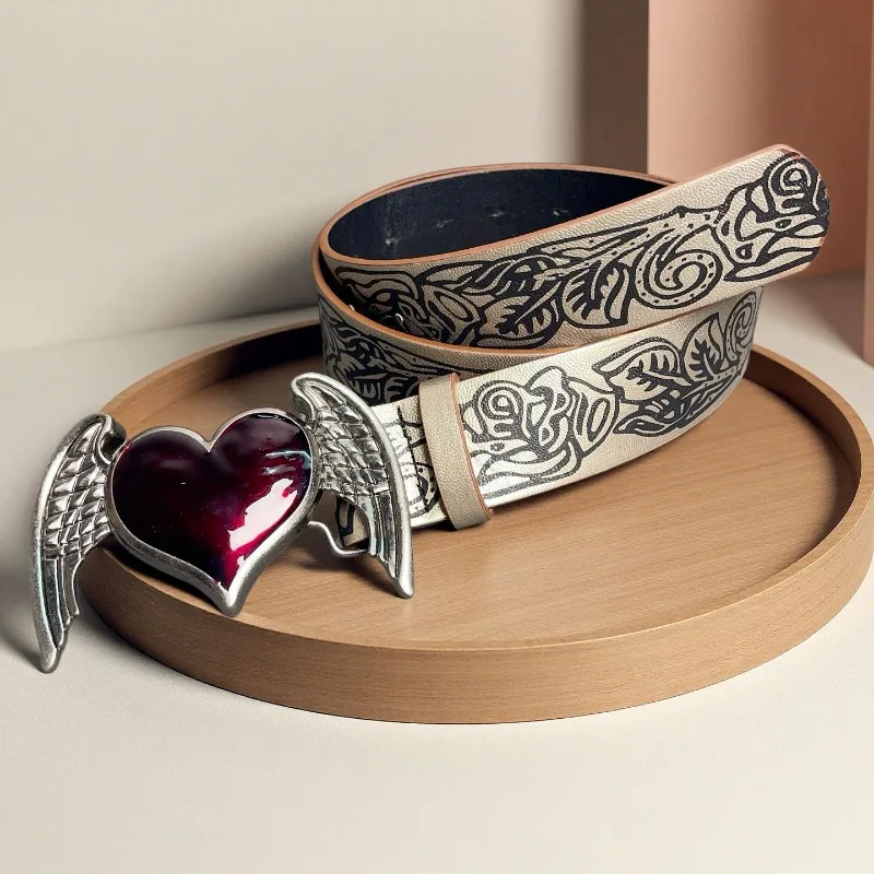 Fashionable Retro Punk-Style Embossed Heart-and-Wings Womens Belt TrendyEdgy Versatile and Exquisite Niche Accessory Belt
