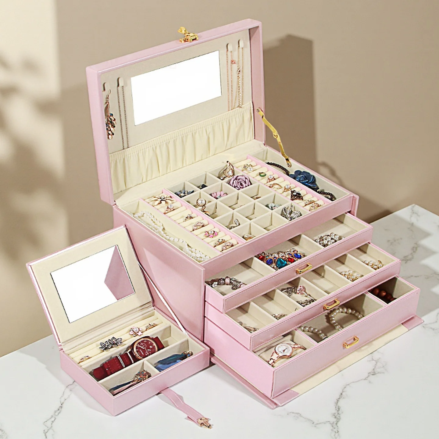 DeShiLon Elegant Jewelry Organizer with Drawers 4-Tier Hardware Lock Jewelry Storage Box Pink for Girls Women