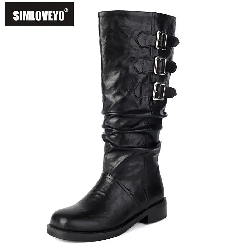 SIMLOVEYO 2025 Fashion Women's Booties Square Toe 3.5cm Thick Heel Slip-On & Belt Buckle Leisure Dating Style Plus Sizes 44-46