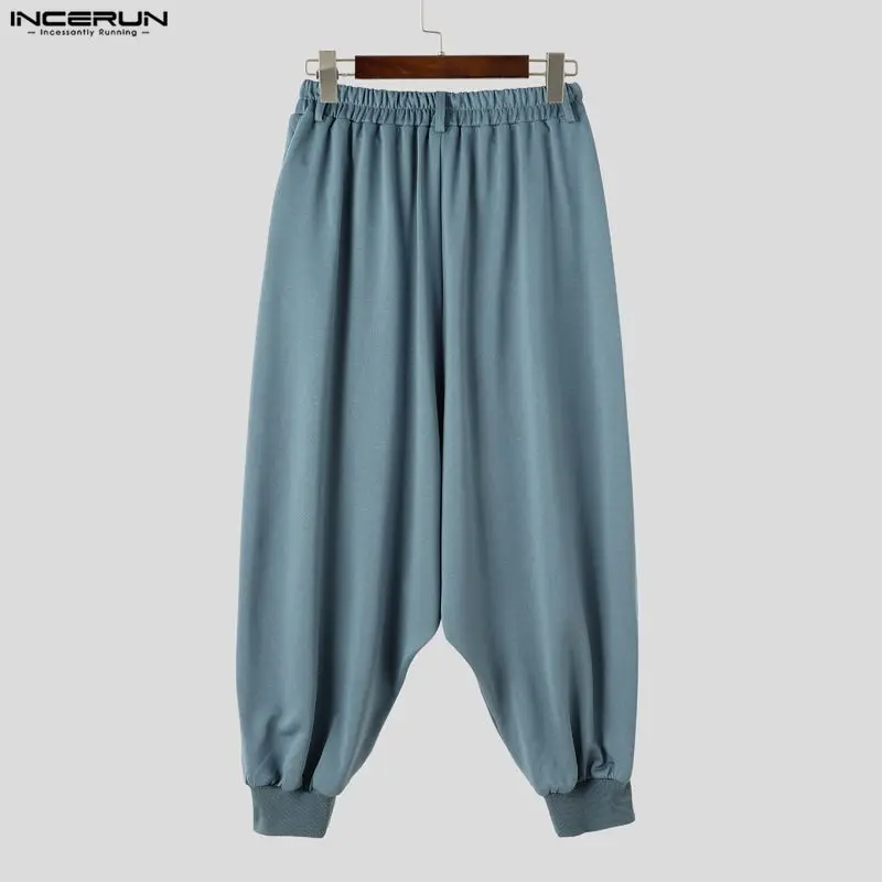 INCERUN Men's Pants Solid Elastic Waist Joggers Loose Casual Drop-crotch Trousers For Man Streetwear Pleated Male Harem Pants