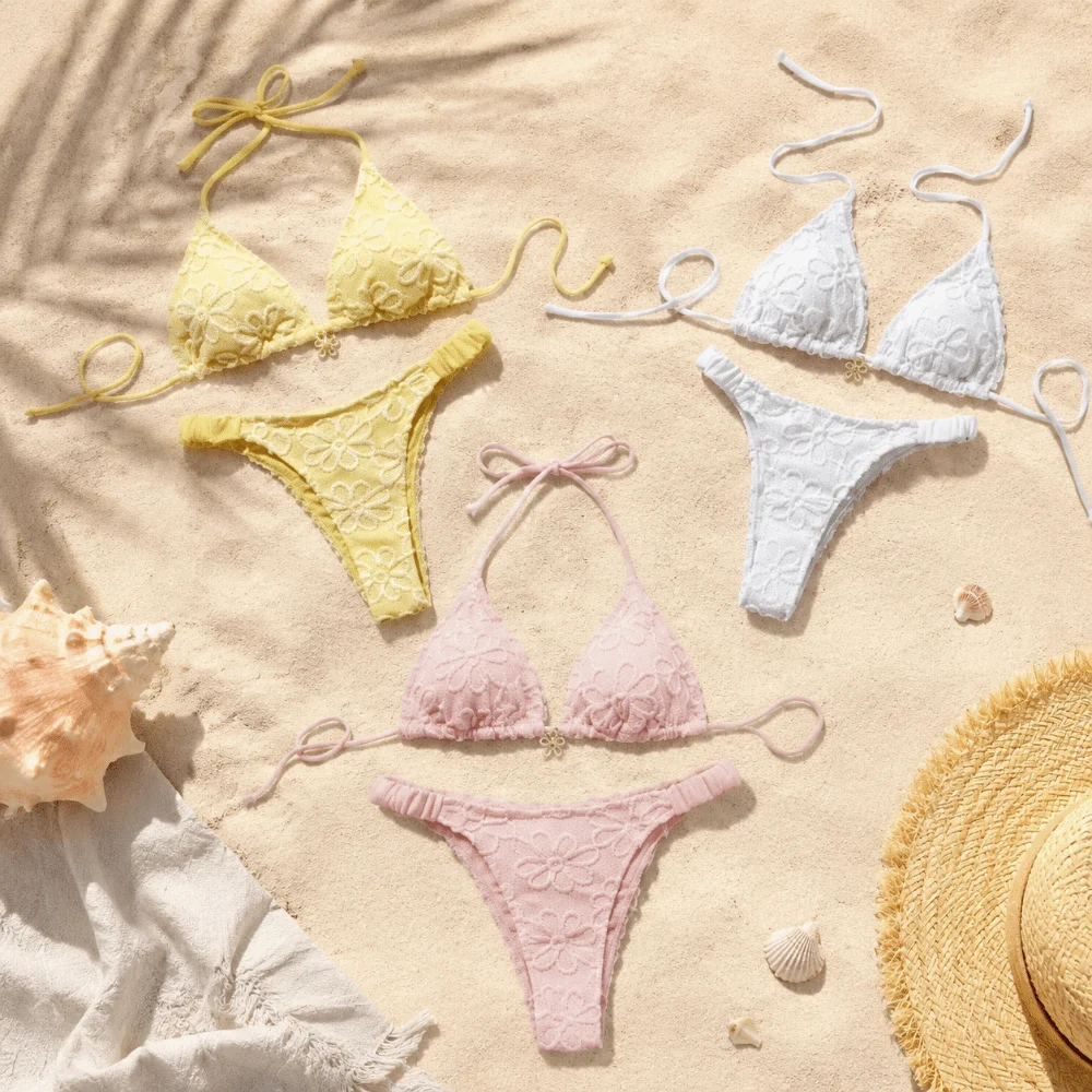 New Two-Piece Halter Bikini Set Flower Low Waist Summer Beachwear Elegant Deep V Ladies' Swimwear Brazilian Style