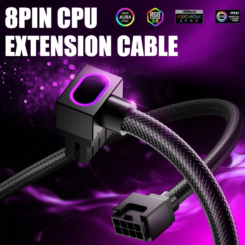 AIJS 8PIN CPU Computer Extension Cable 30CM Single-Cable Desgin With ARGB 90 Degree  Power Cord