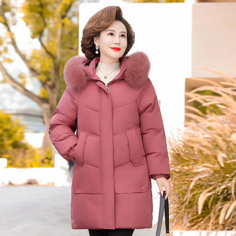 Women's Winter Thicken Jackets Down Cotton Parkas Hooded Fur Collar Long Pockets coat Middle aged Female Overcoat