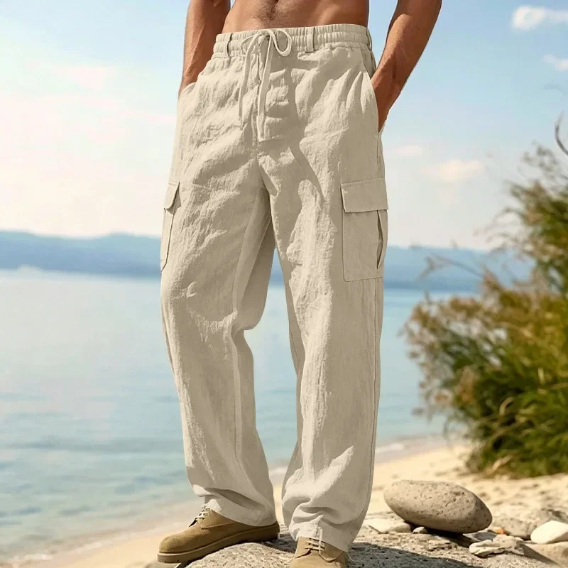Summer European American Style Men's Loose Breathable Linen Cargo Pants Cotton Linen Casual Trousers Beach Pants