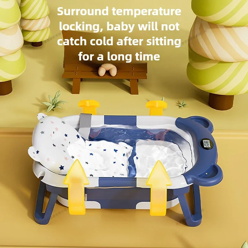 Foldable Baby Bath Tub Smart Temp Display Newborn Tub Bear Style Portable Shower Basin Infant Safe Bath Accessories