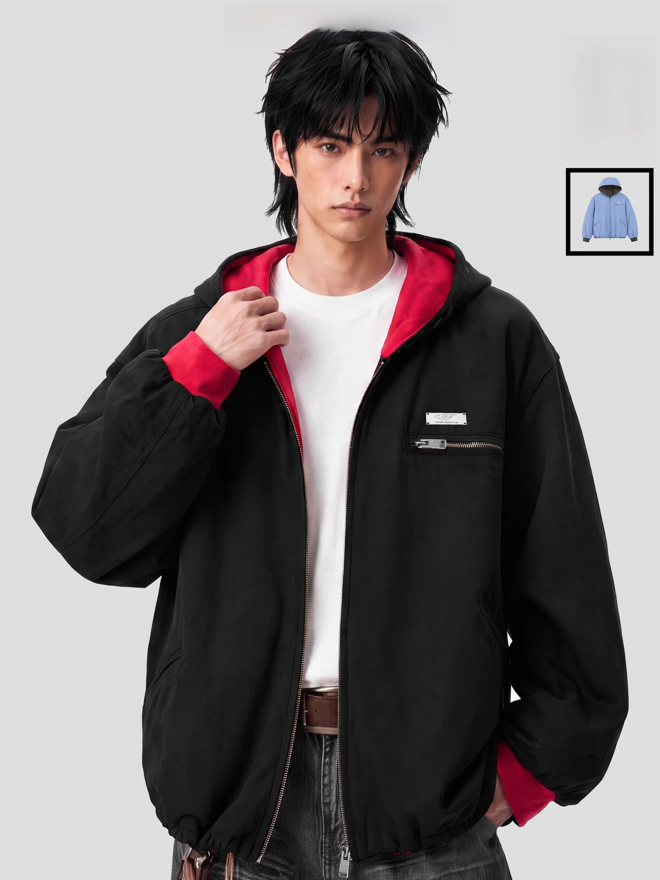 INSstudios American Detroit Color Block Work Jacket Hoodie Open Cardigan Coat Men Loose Fit Metal Decor Oxford Cloth Spring A...