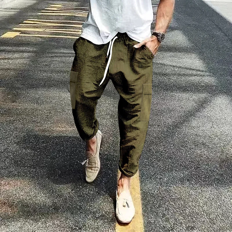 Men's Striped Linen Blend Harem Pants Elastic Waist Drawstring Casual Trousers