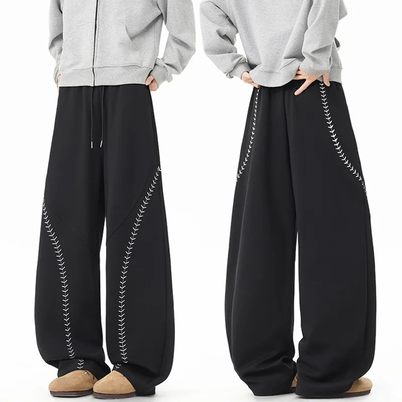 Men's Casual Loose Wide Leg Straight Cut Trousers Autumn Design Sense Vintage Embroidery Versatile Drapey Knife Sweatpants