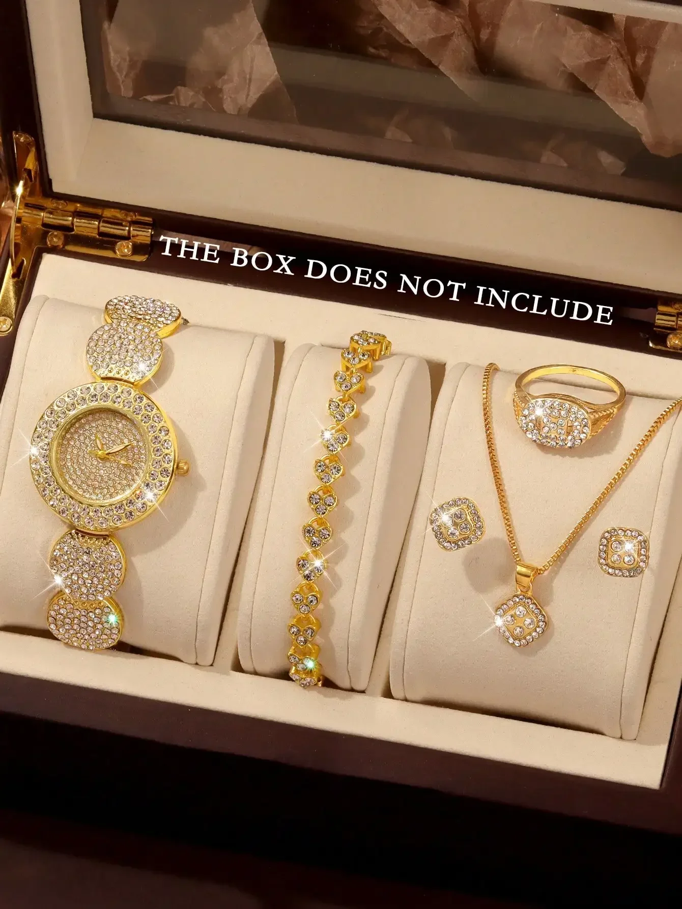 Women Gold Full Rhinestone Round Watch 5Pcs Jewelry Set Quartz Wristwatch Square Diamond Necklace Earrings Ring
