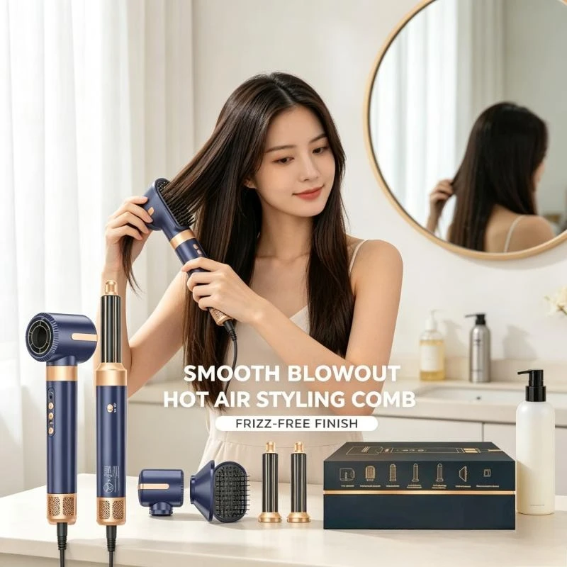 7 In 1 Professional Hair Dryer Brush Brushless High Speed Ionic Blow Dryer Diffuser Hot Air Styling Comb Auto Curler