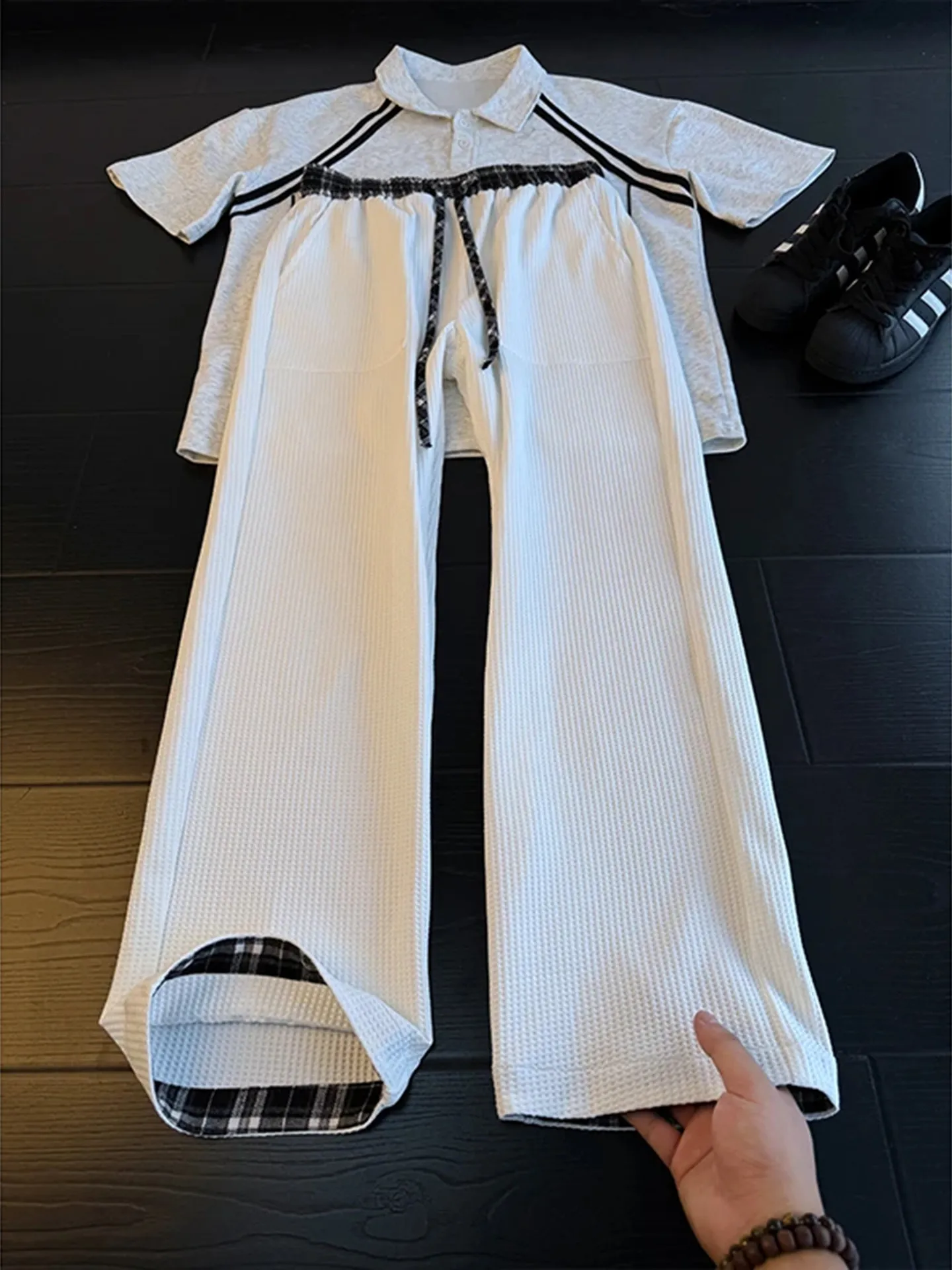 American Style Casual Plaid Pants Men's Autumn Retro Patchwork Sport Wide Leg Straight Cut Trousers Cleanfit Fashionable