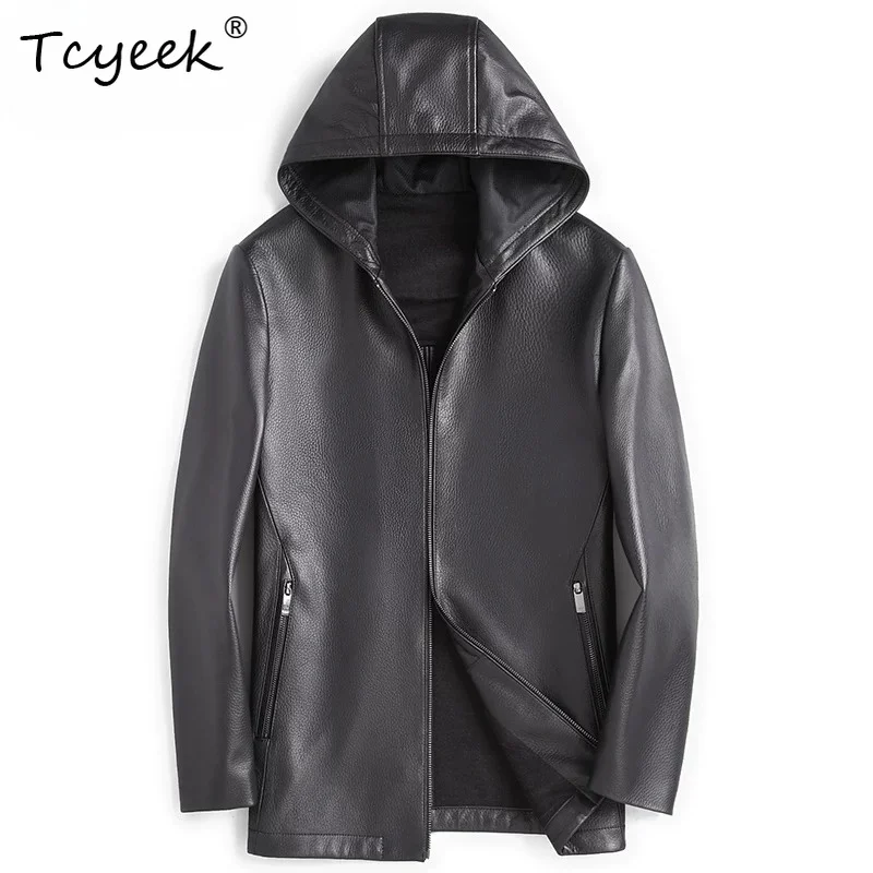 Tcyeek Natural Deerskin Real Leather Jacket Men Spring Autumn Clothes Business Casual Mens Coats Hoodie Slim Fit Trendy 