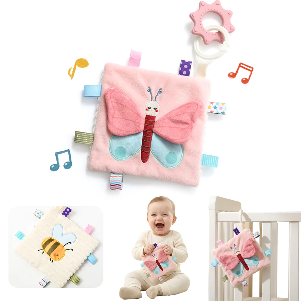 Butterfly Baby Security Blanket Soft Comfort Lovey Sensory Teether Crinkle Sound Press to Squeak Textured Ribbon Detachable