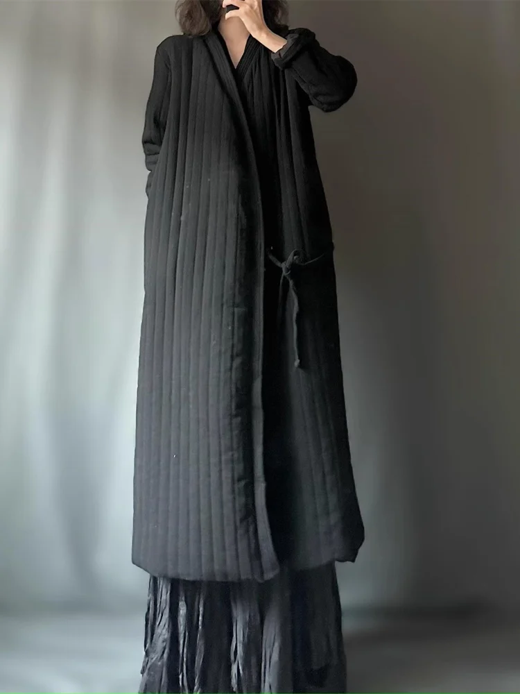 Thickened Cotton Linen Zen Style Women's Coat Warmth Simple Autumn Winter Long Sleeve V-Neck Zen Suit Outerwear Jacket