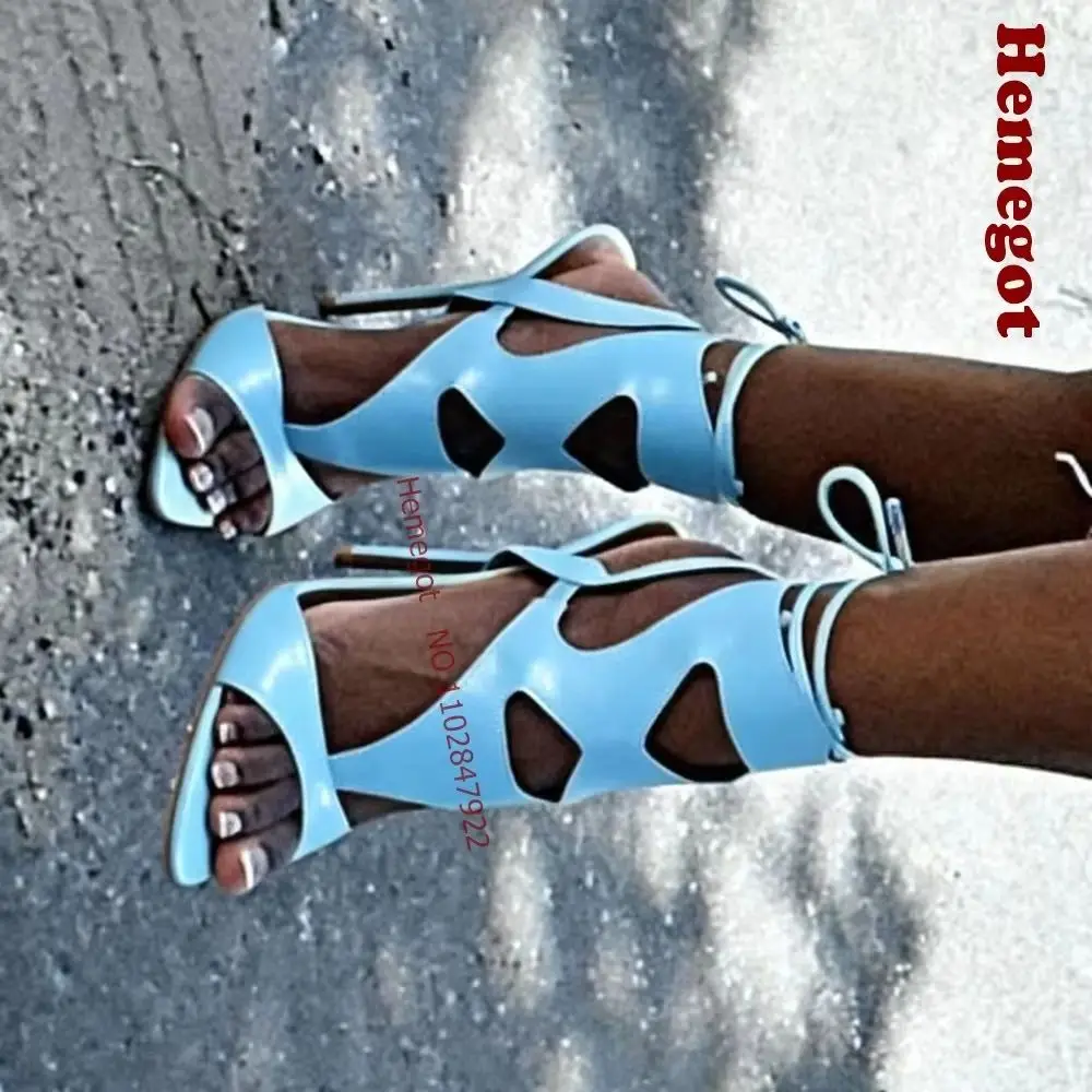 Yellow Cutout Gladiator Ankle Tie Sandals Peep Toe Thin Stiletto High Heel Lace Up Tall Cuff Heels for Women T-Strap Slingback
