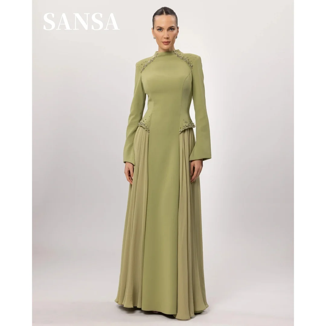 Sansa Customized Sage Green Prom Dresses Elegant High Neck Long Sleeve Beaded Chiffon A-line Vestidos De Noche Floor-Length Form