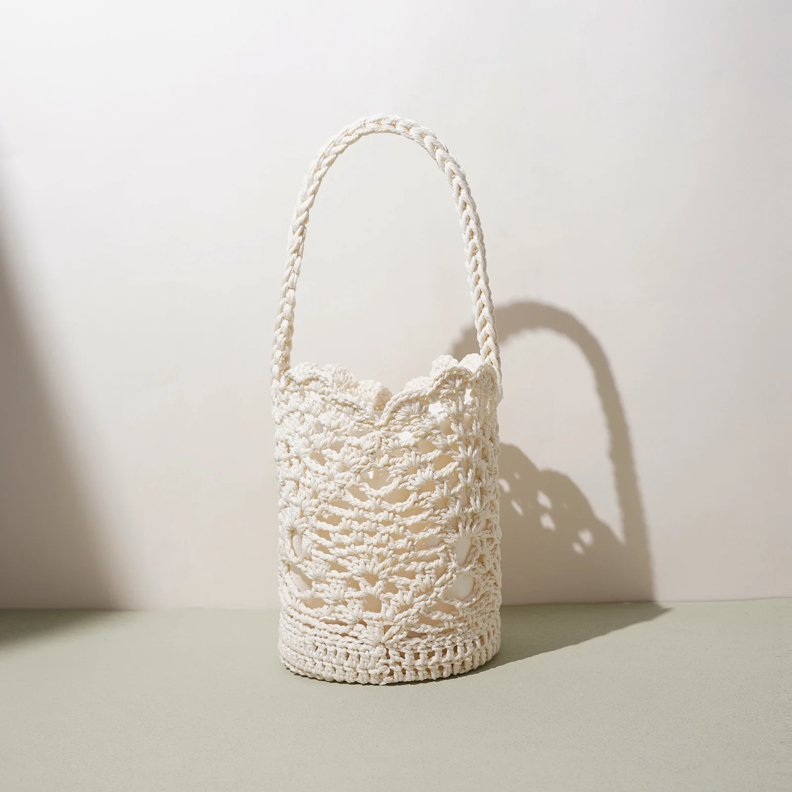 2026 New Crochet Shoulder Bag for Women   Cream Hollow Out Scalloped Vacation Beach Purse