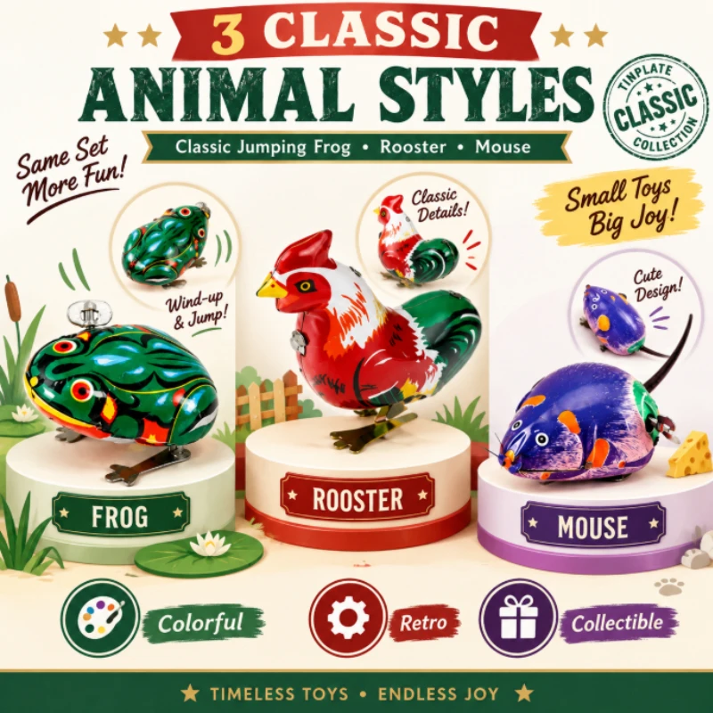 OldStyle Clockwork Tin Animal Toy Set, HandWound SpringDriven Decor Figurine, Vintage Collectible Ornament for Hobby Lovers