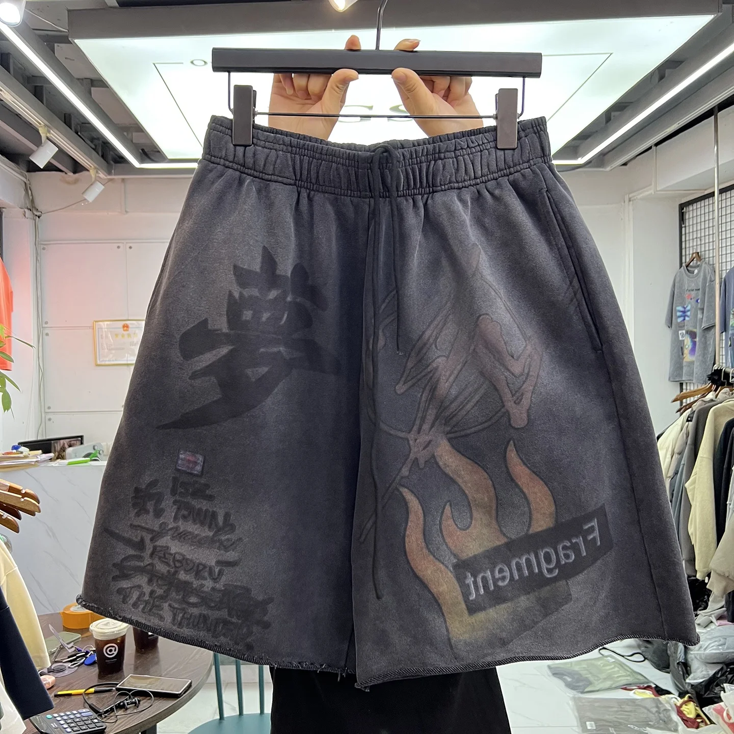 Summer New American Retro Lightning Letter Print Casual Shorts Men's Loose Washed Vintage Five-Part Pants Trendy Straight Leg...