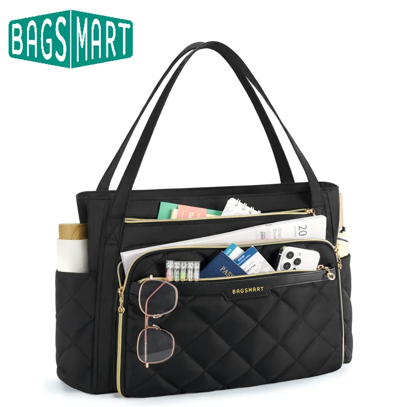 BAGSMART Multiple Compartments Tote Bag for Women Large Capacity Quilted Handbag Features 15.6 inch Laptop Briefcase