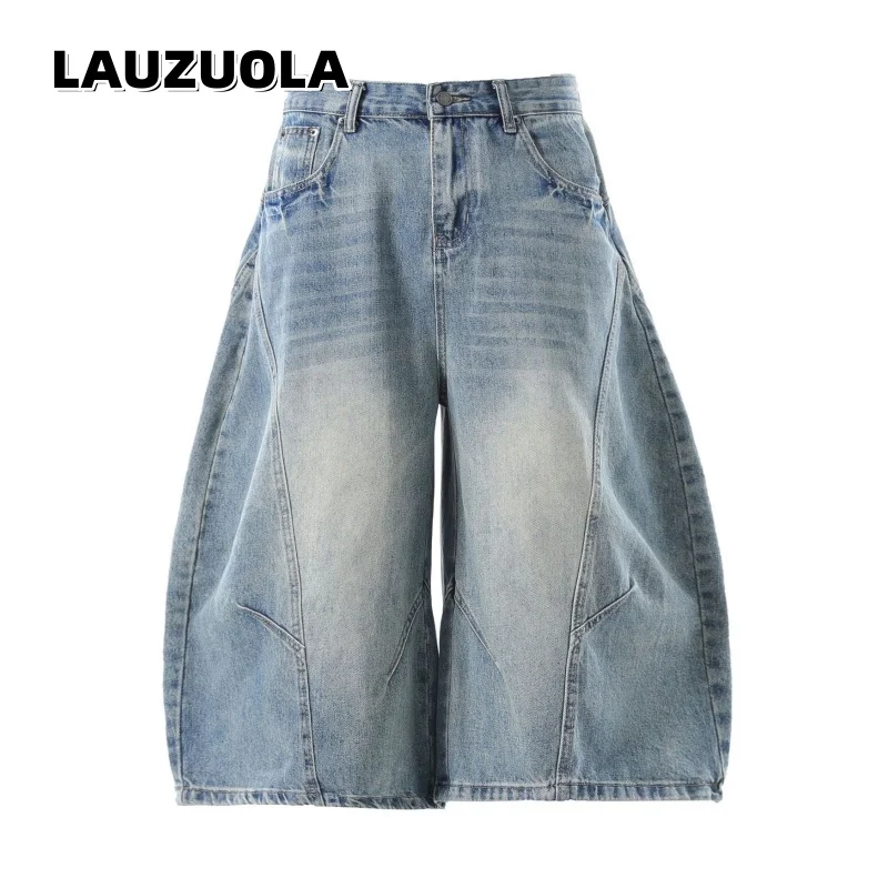 Men's Vintage Washed Baggy Denim Wide Leg Oversized Shorts Streetwear Distressed Casual 3/4 Length Jeans Shorts for Summer