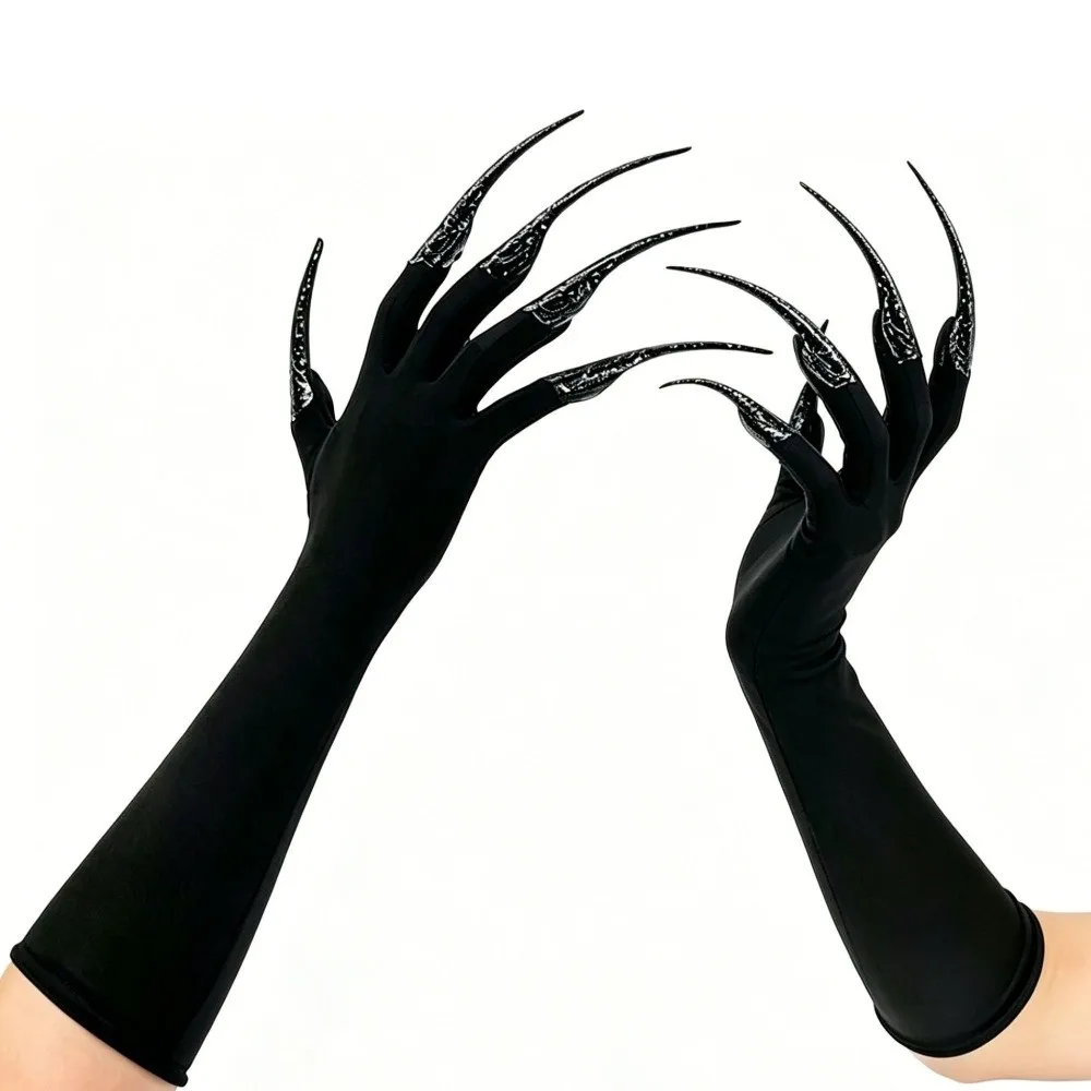 Gothic Long Nails Gloves Polyester Black Stretch Halloween Witch Gloves Black Elastic Detachable Claw Nails Gloves Roleplay