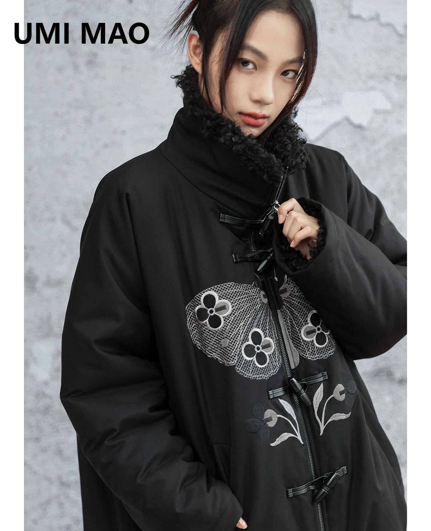 UMI MAO  Butterfly Embroidery Cotton Jacket Women Loose Warm Bud-Shaped Parka Autumn Winter Coat Femme
