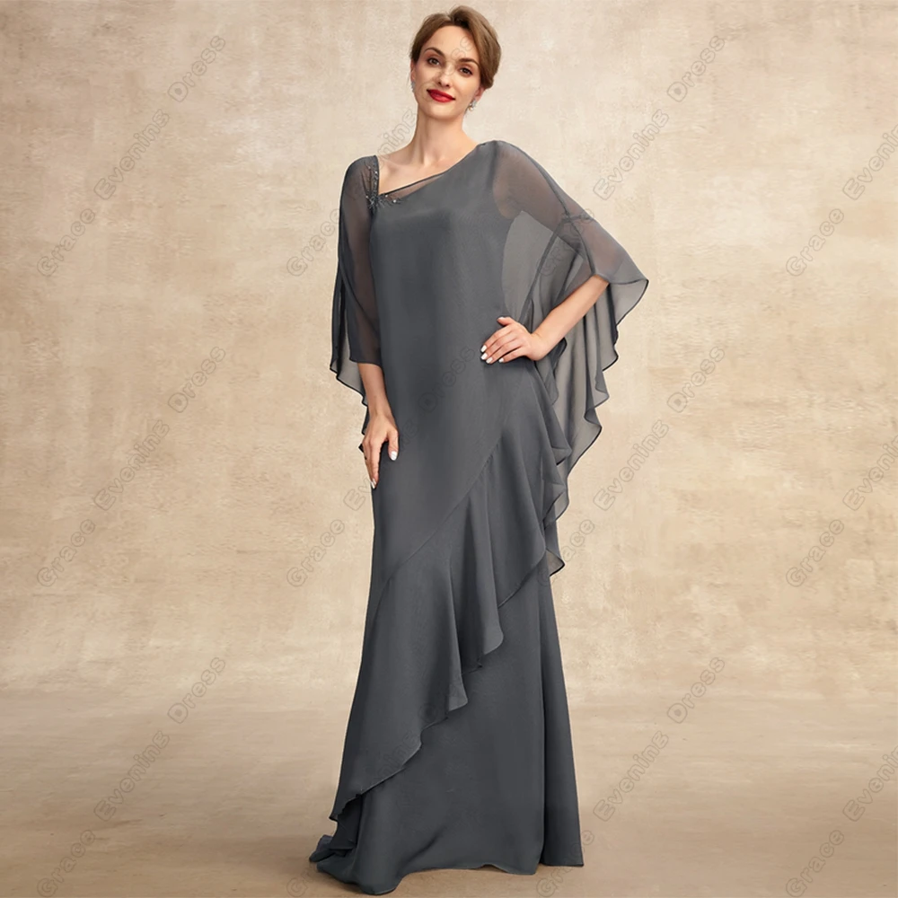 Customized Grey Ruffles Mother of Bride Dresses for Women Beading Beach Wedding Party Gown Chiffon Vestido De Noche Summer 2025