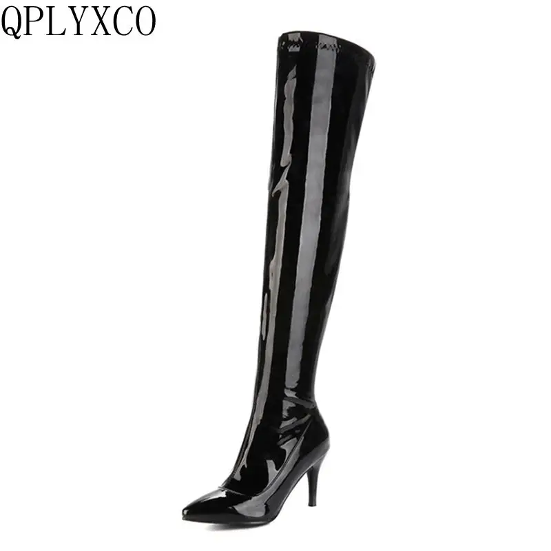 QPLYXCO Over The Knee High Boots Women Sexy Pointed Toe Zip High Heels Patent Leather Party Dance Long Boots Big Size 48 07-20