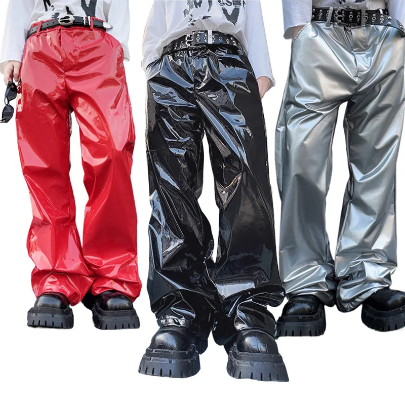Shiny Black Red Silver Leather Pant Men Streetwear Fashion Hip Hop Punk Loose Casual Leather Pants Trousers Stage ClothesYY200