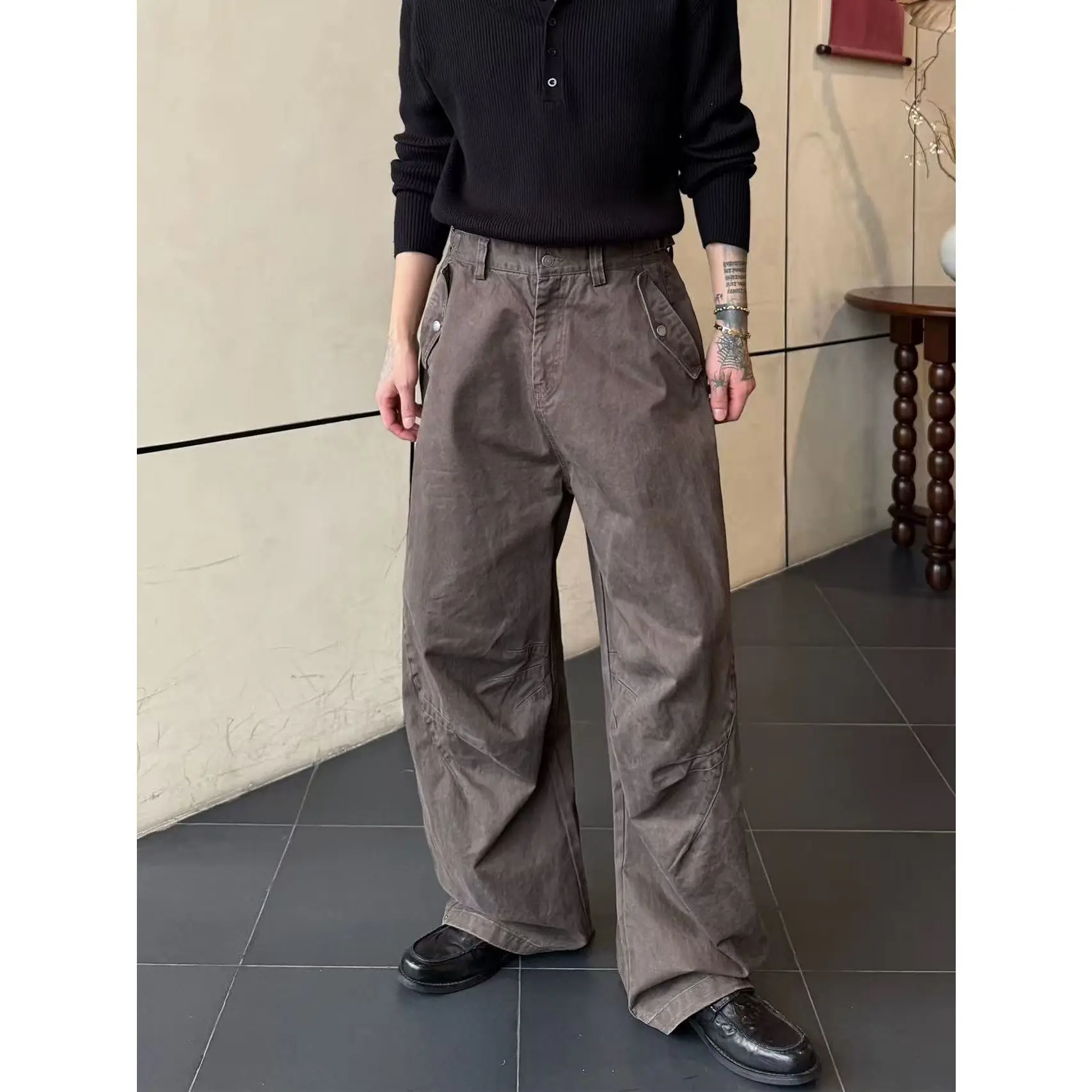 Men's Solid Color Commuting Casual Pants Fashion Sweatpants 90s Boys Bottom Wide Legs Casual Pants Male High Waist Trousers