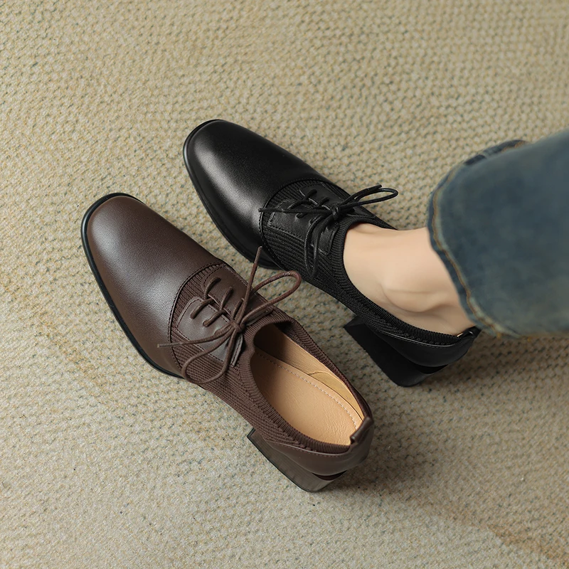 2026  spring autumn women pumps natural leather plus size 22-26.5cm cowhide+fabric+pigskin round toe lace-up loafers women shoes