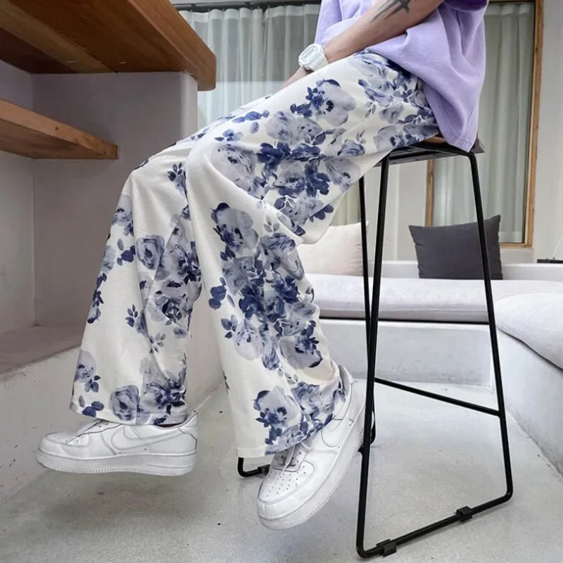 Pop Spring Summer Flower Pants Men's Fashion Printed Casual Pants Men Streetwear Loose Hip-hop Straight Wide-leg Pants Mens Trou