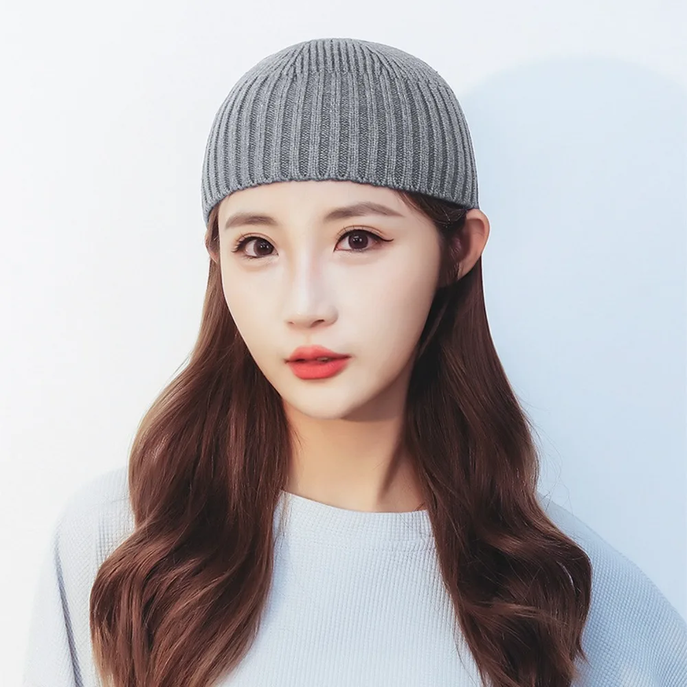 Hip-Hop Solid Color Knitted Cap Brimless Keep Warm Vintage Dome Hat Coarse yarn Elastic Bonnet Beanies Winter
