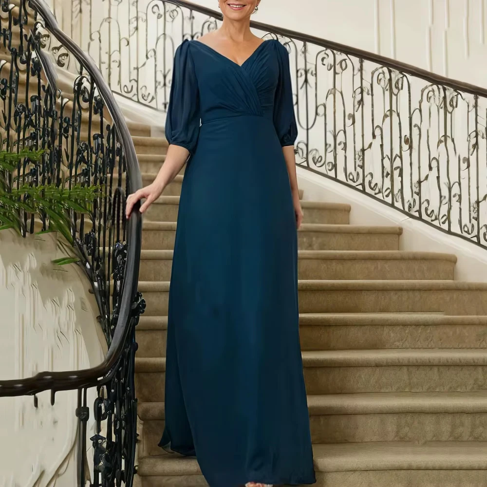 Customized Chiffon Mother Dresses A Line Evening Gowns V Neck Lace Elegant Bride Party Dress Robes Wedding Party Dresses