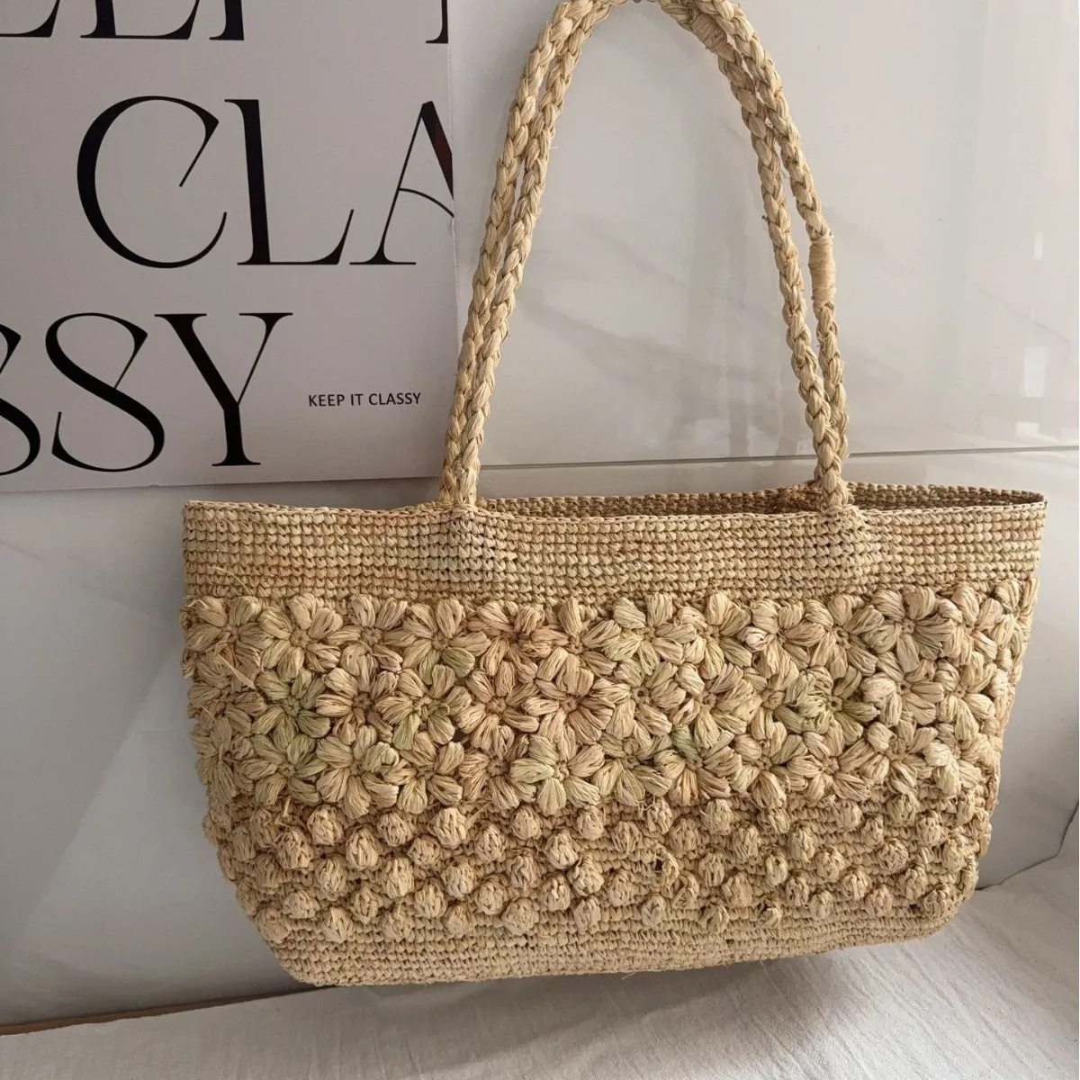 Bohemian Flower Straw Bag Tote Hollow Floral Beach Bags for Women Handbag Handmade Woven Shoulder Bag Summer Travel Shopper NEW