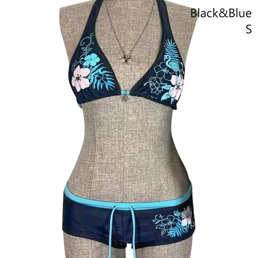 Fashion Vintage Bikini Set Flower Print Adjustable Swimsuit Sexy Low Waist Halter Strap Swimwear Beach Wear