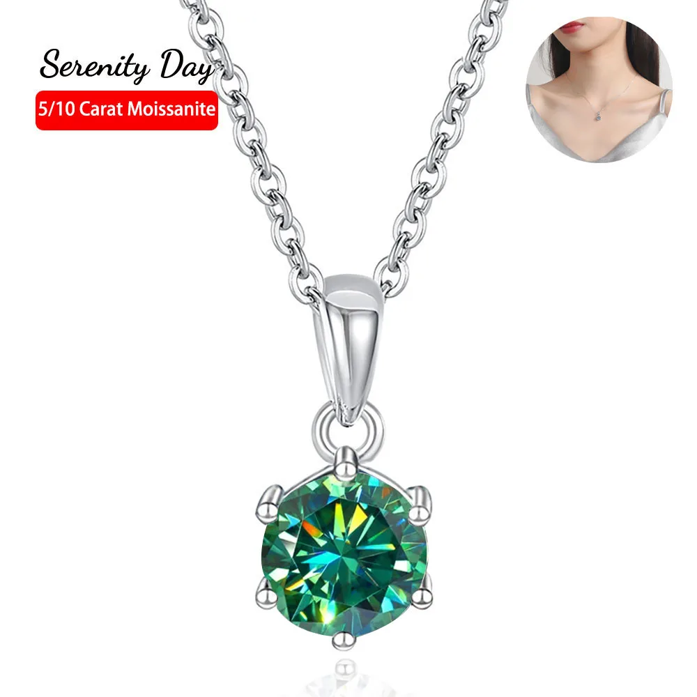Serenity 5ct 10ct Green Moissanite Pendant Necklace For Women Gift 100% S925 Sterling Silver Plated 18K Neck Chain Fine Jewelry