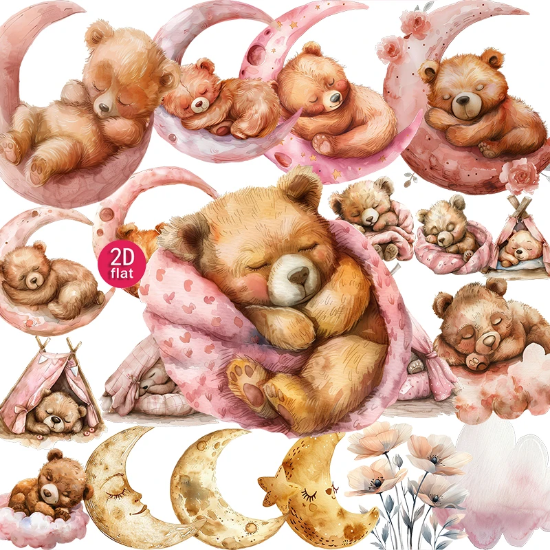 20pcs 2D flat Watercolor Sleeping Bear Aesthetic Cartoon Stickers, Suitable for diaries and DIY scrapbook stickers