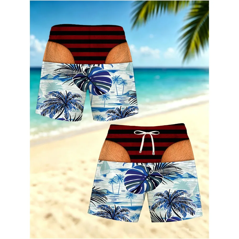 Novelty Fake Skin Printed Mens Beach Shorts Hawaiian Island Palm Tree Graphic Drawstring Quick Dry Swim Shorts for Vacation