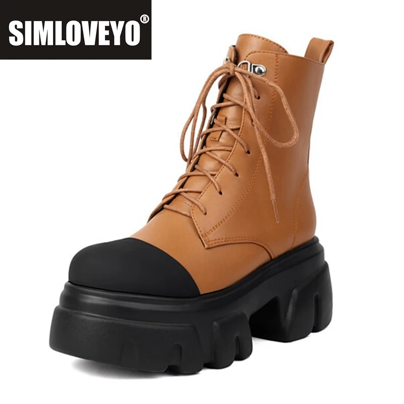 SIMLOVEYO 8cm Heel 5.5cm Platform Mortorcycle Boots Ankle Autumn Winter Strap Up Antislip Shoes Big Size 43 44 Black